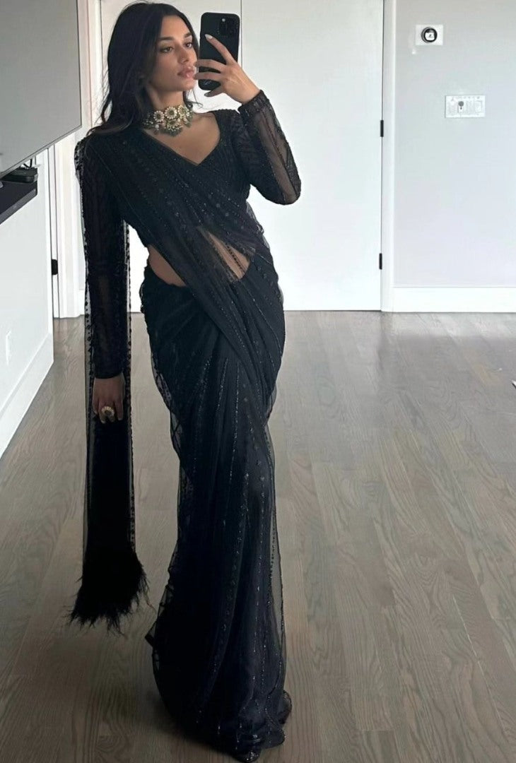 Black soft net sequence work party wear saree
