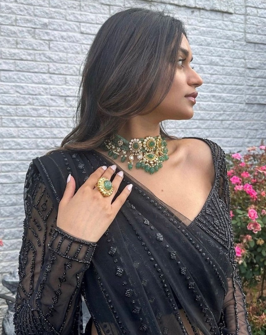 Black soft net sequence work party wear saree