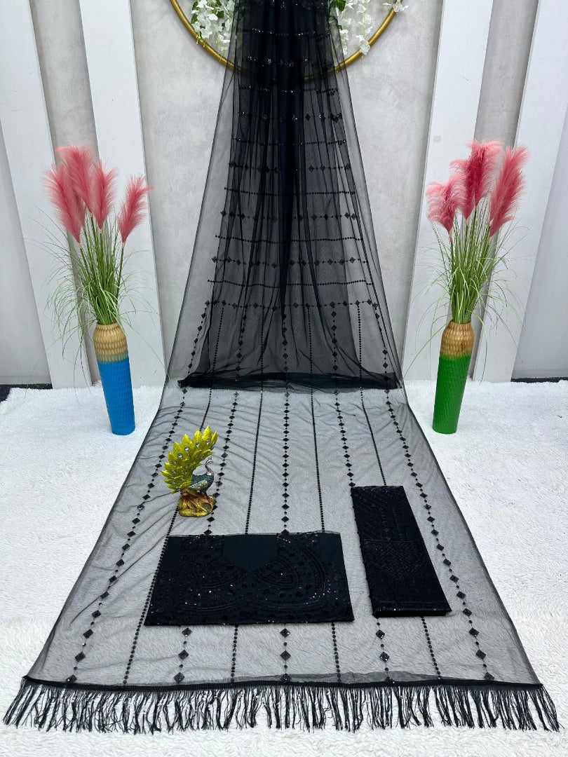 Black soft net sequence work party wear saree