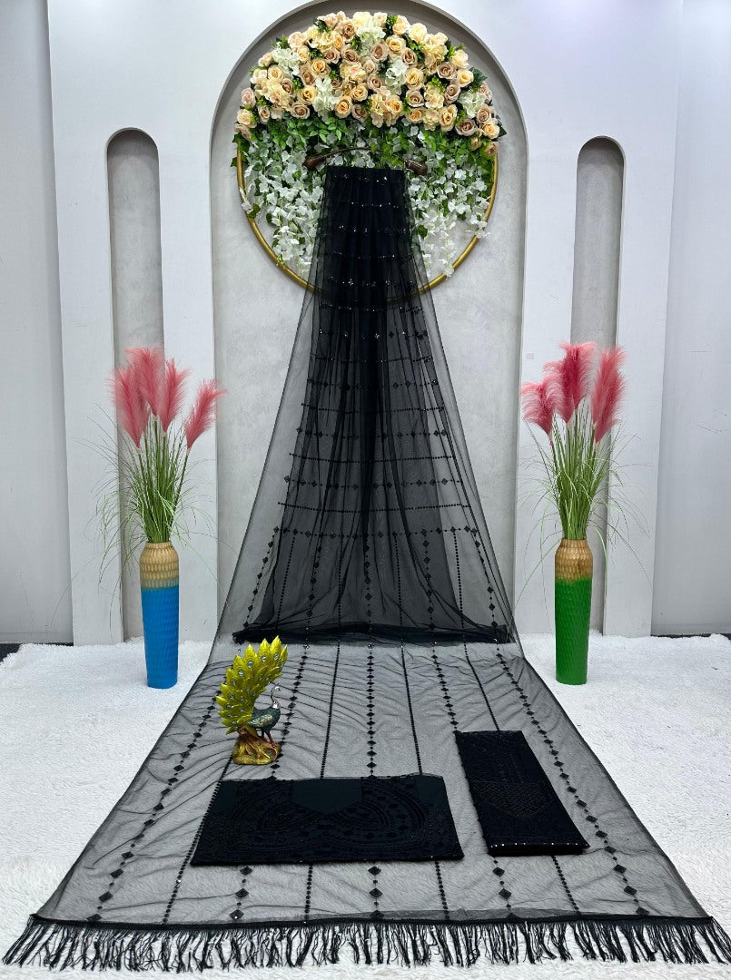 Black soft net sequence work party wear saree