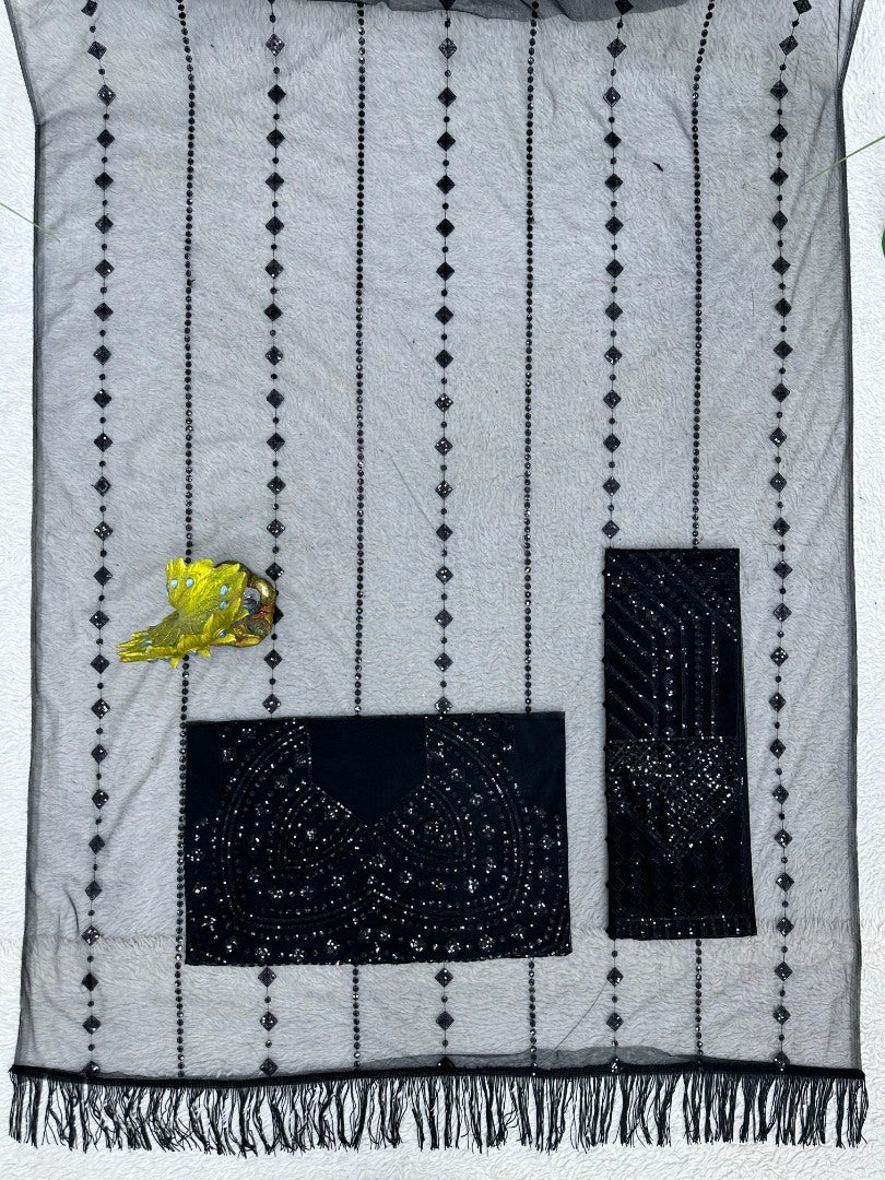 Black soft net sequence work party wear saree