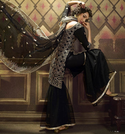 Black soft net sequence work party wear sharara salwar suit