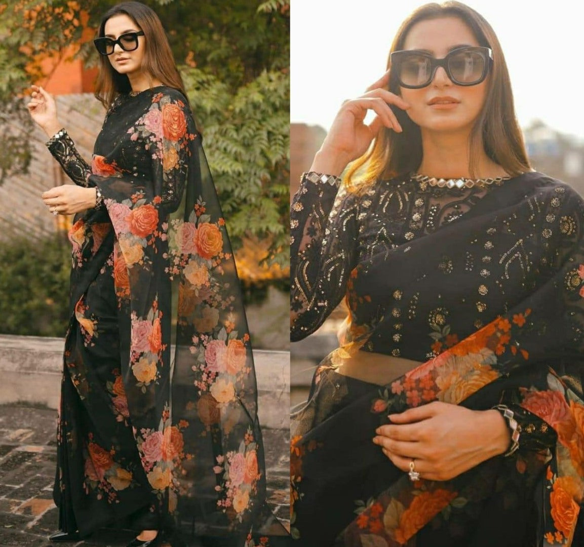 Black soft organza silk with digital flower printed work saree