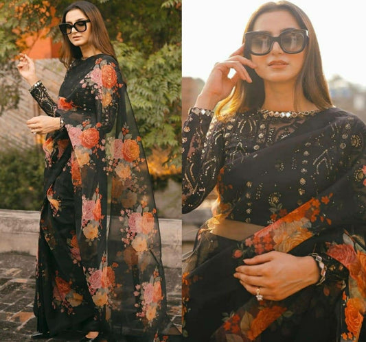 Black soft organza silk with digital flower printed work saree