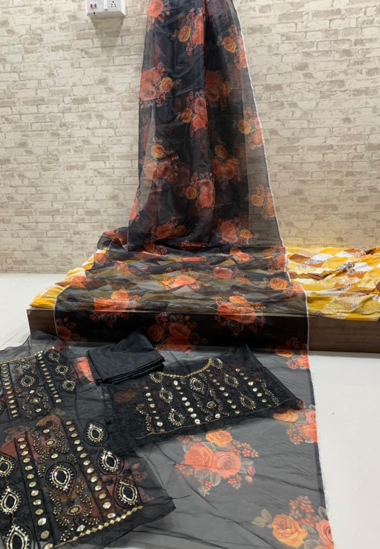 Black soft organza silk with digital flower printed work saree