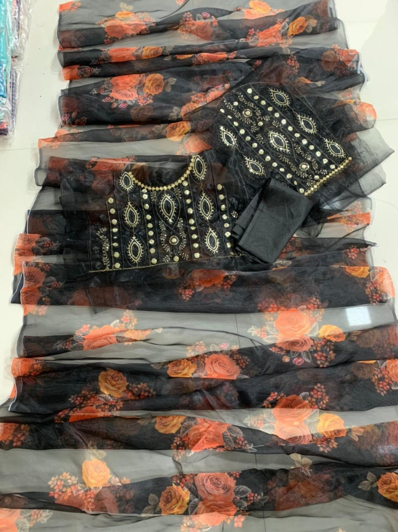 Black soft organza silk with digital flower printed work saree
