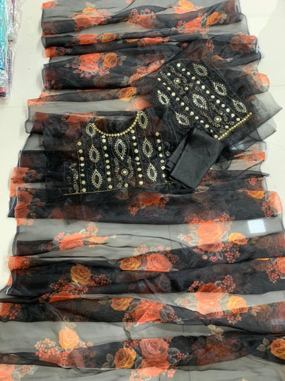 Black soft organza silk with digital flower printed work saree