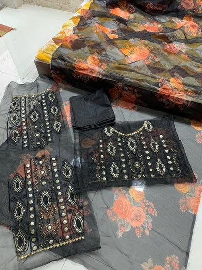 Black soft organza silk with digital flower printed work saree