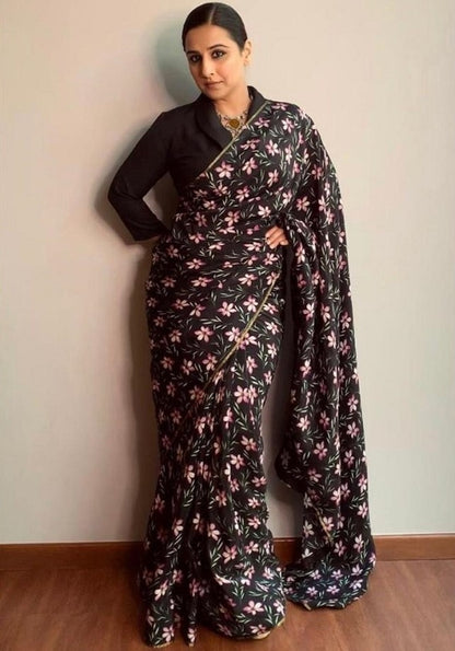 Black soft silk floral digital printed partywear saree