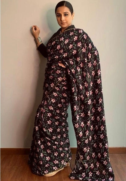 Black soft silk floral digital printed partywear saree