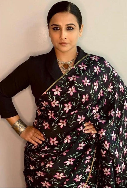Black soft silk floral digital printed partywear saree
