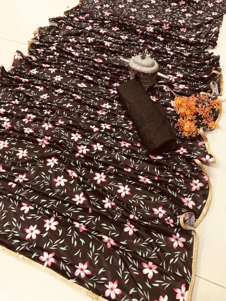 Black soft silk floral digital printed partywear saree