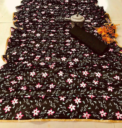 Black soft silk floral digital printed partywear saree