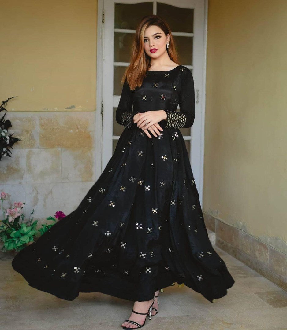 Black tafeta silk foil mirror partywear gown