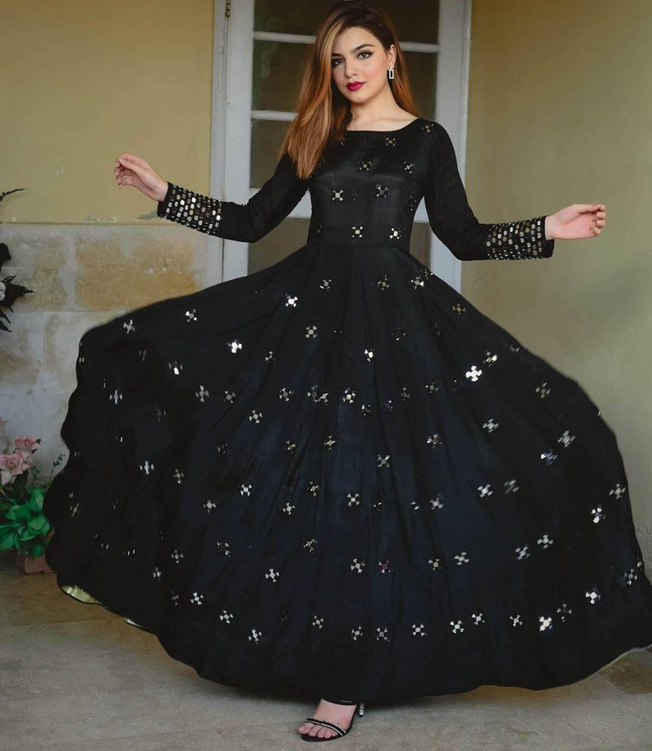 Black tafeta silk foil mirror partywear gown