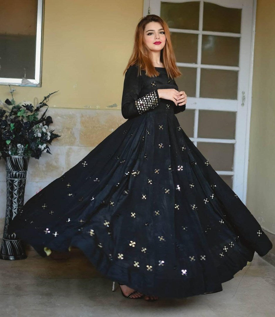Black tafeta silk foil mirror partywear gown