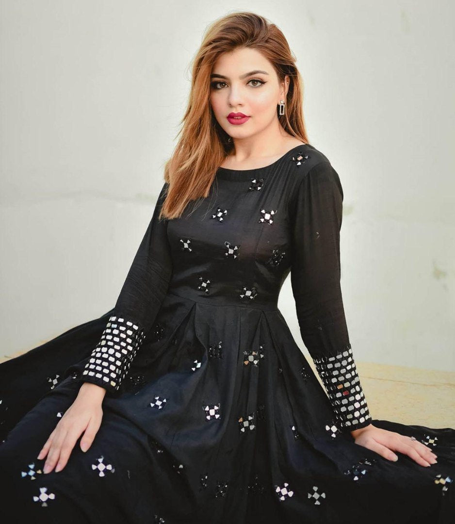 Black tafeta silk foil mirror partywear gown