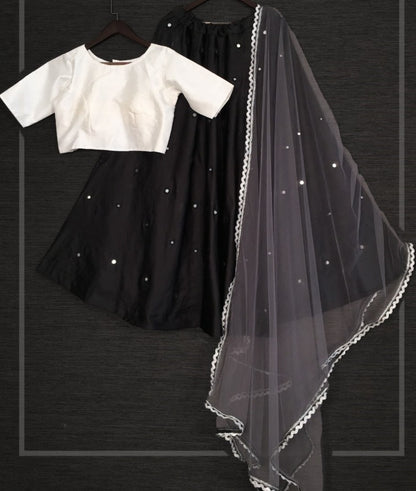 Black taffeta real mirror work party wear lehenga choli