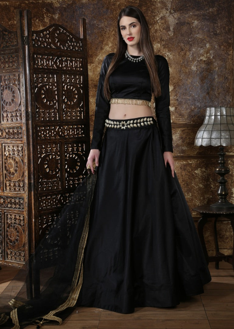 Black taffeta satin partywear lehenga choli