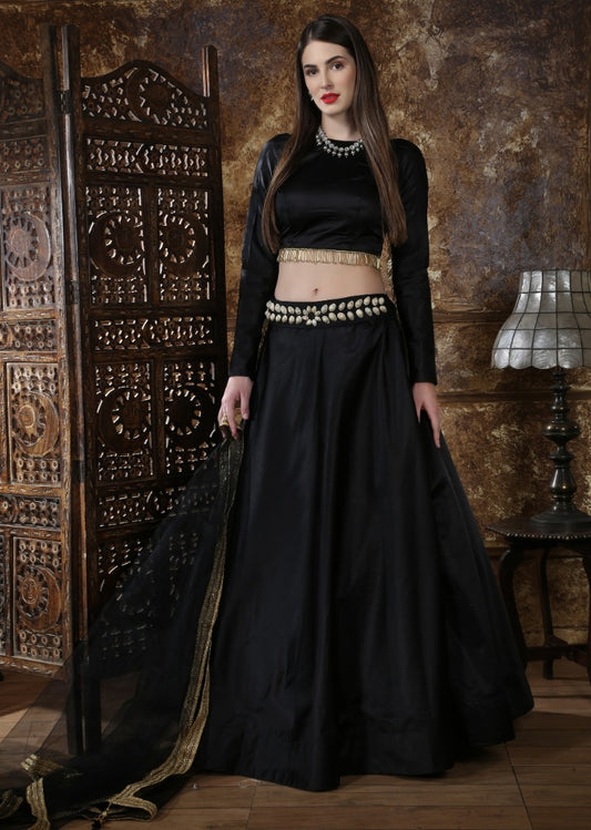 Black taffeta satin partywear lehenga choli