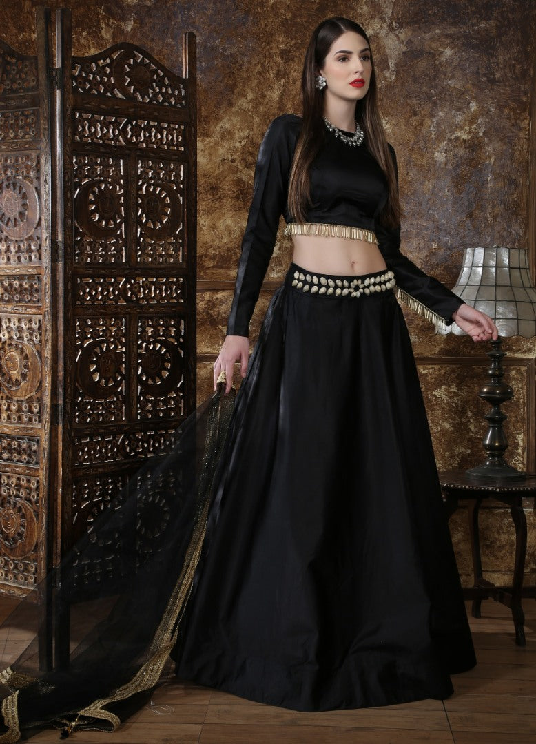 Black taffeta satin partywear lehenga choli
