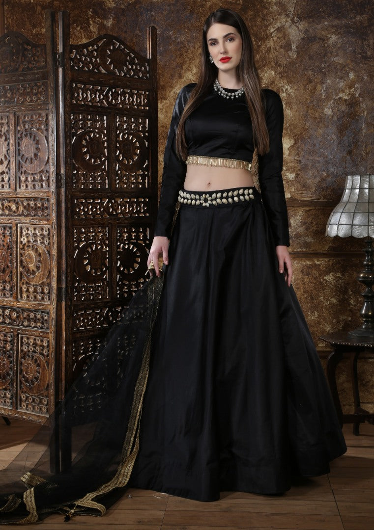Black taffeta satin partywear lehenga choli