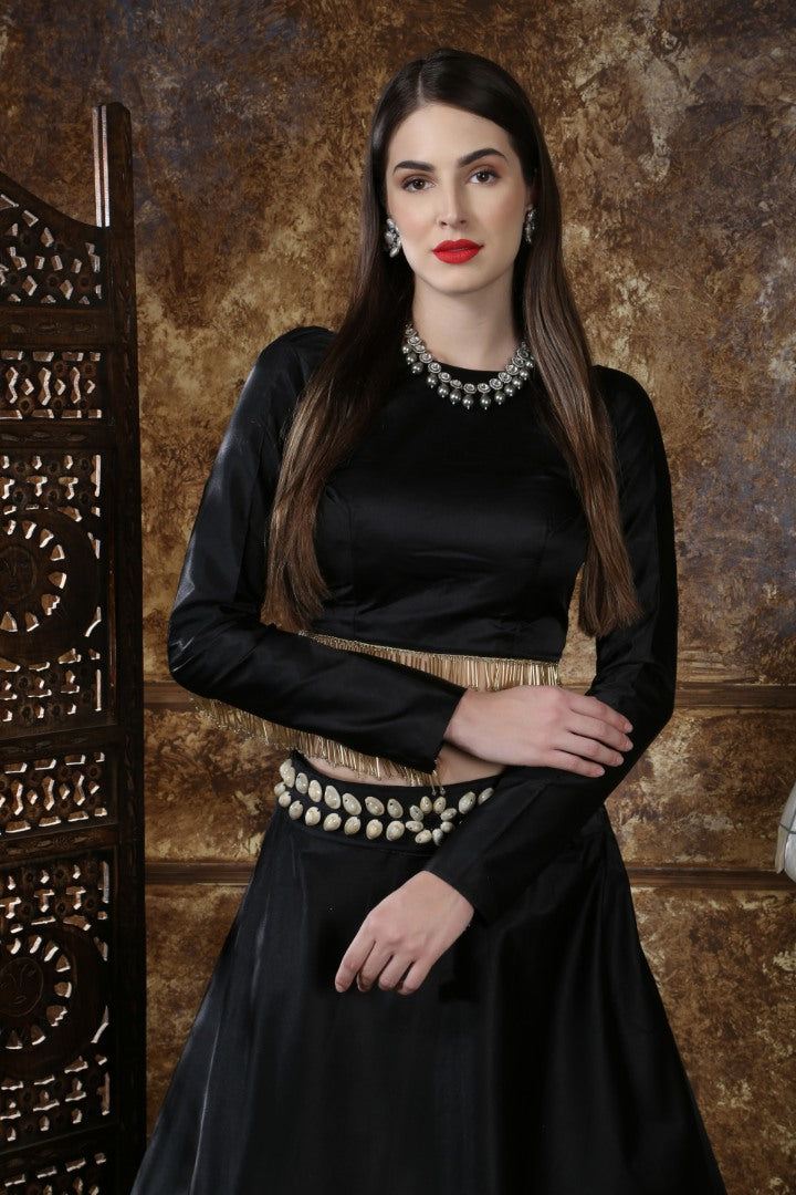 Black taffeta satin partywear lehenga choli