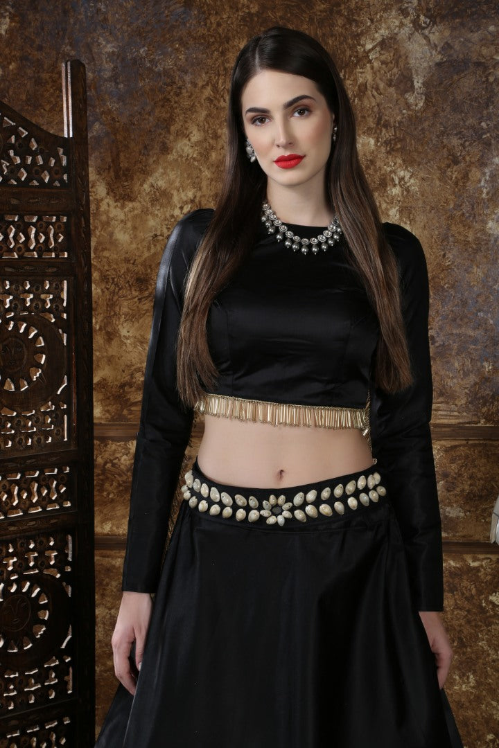 Black taffeta satin partywear lehenga choli