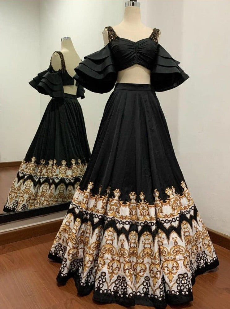 Black taffeta silk digital printed crop top lehenga
