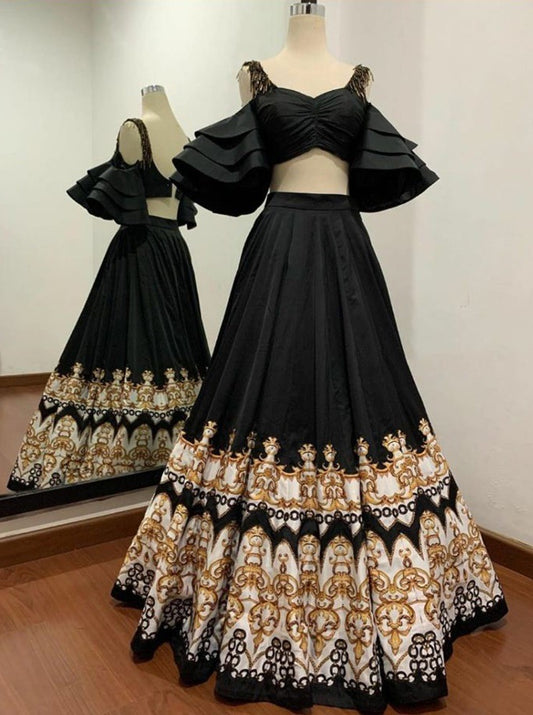 Black taffeta silk digital printed crop top lehenga