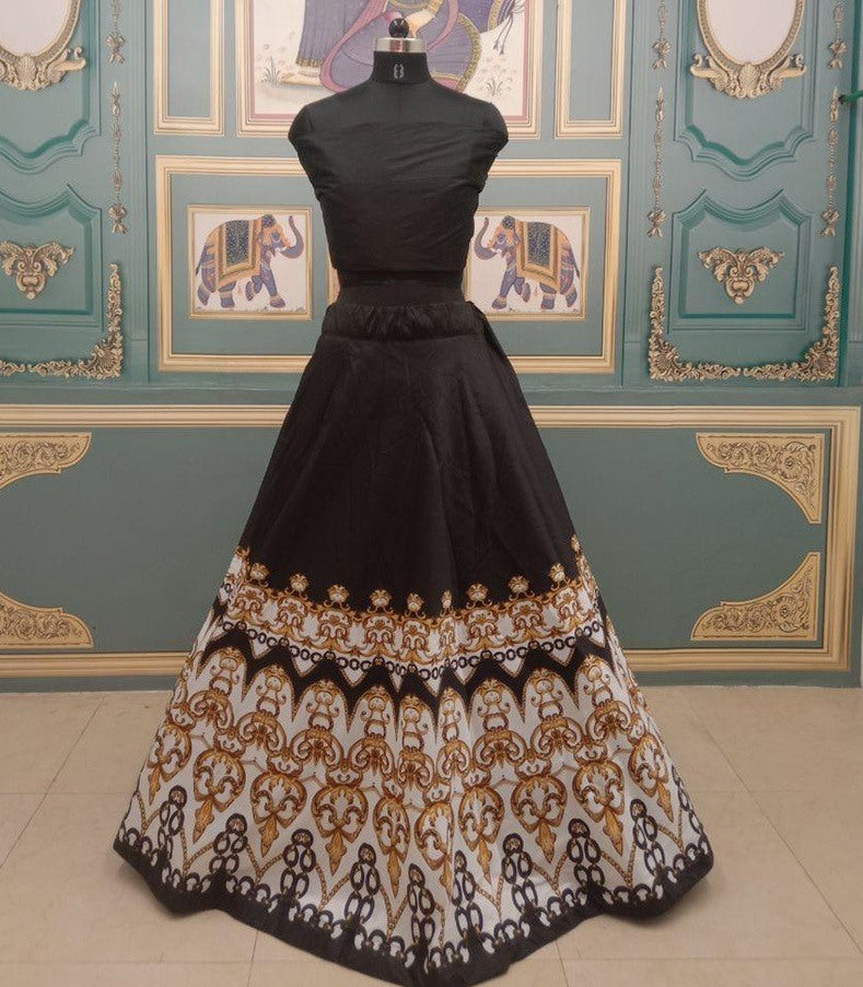 Black taffeta silk digital printed crop top lehenga