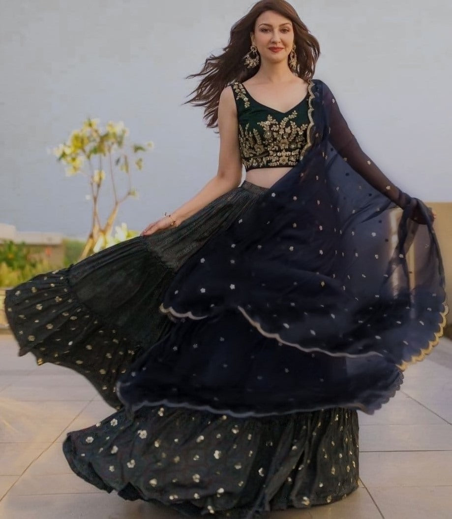 Black taffeta silk embroidered lehenga choli
