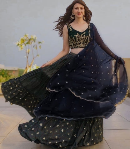 Black taffeta silk embroidered lehenga choli