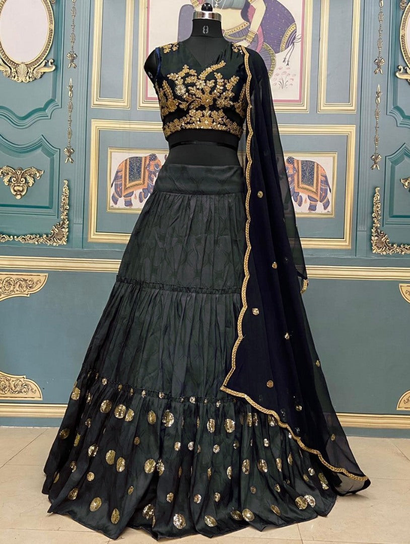 Black taffeta silk embroidered lehenga choli