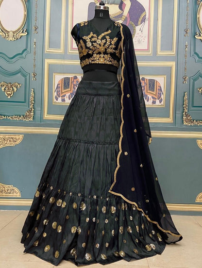 Black taffeta silk embroidered lehenga choli