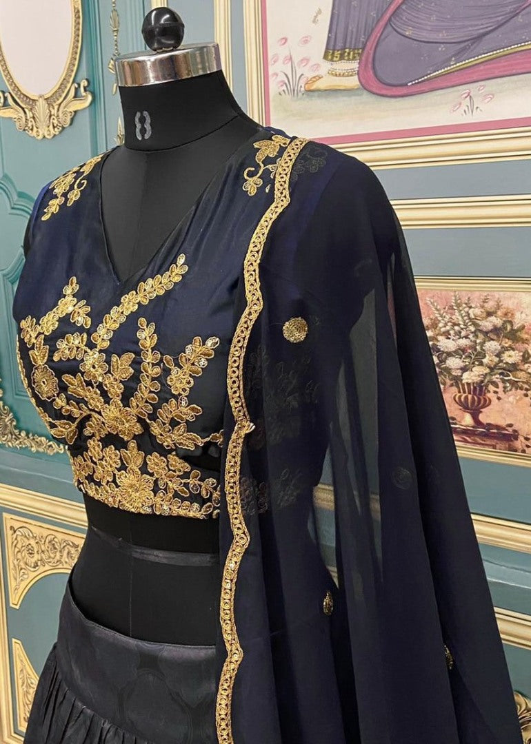 Black taffeta silk embroidered lehenga choli