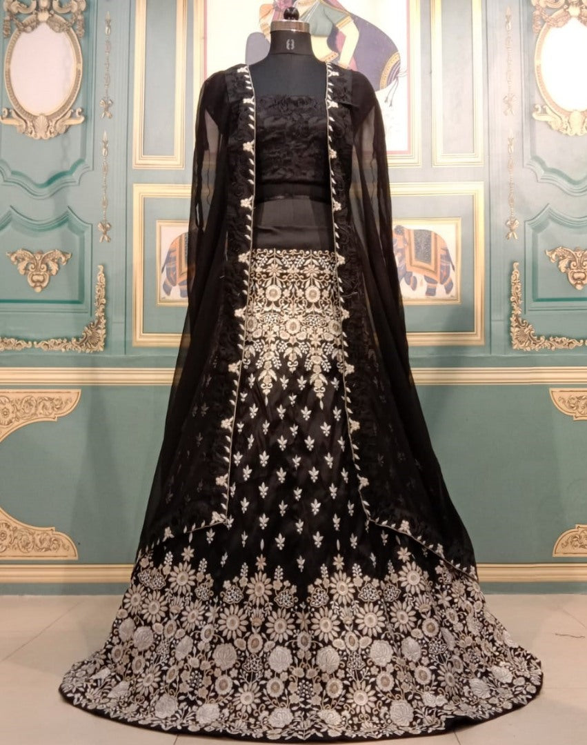 Black taffeta silk heavy embroidered lehenga choli
