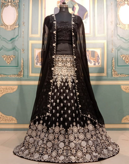 Black taffeta silk heavy embroidered lehenga choli