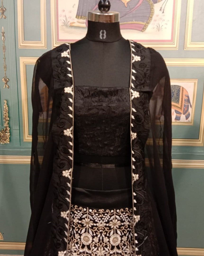 Black taffeta silk heavy embroidered lehenga choli