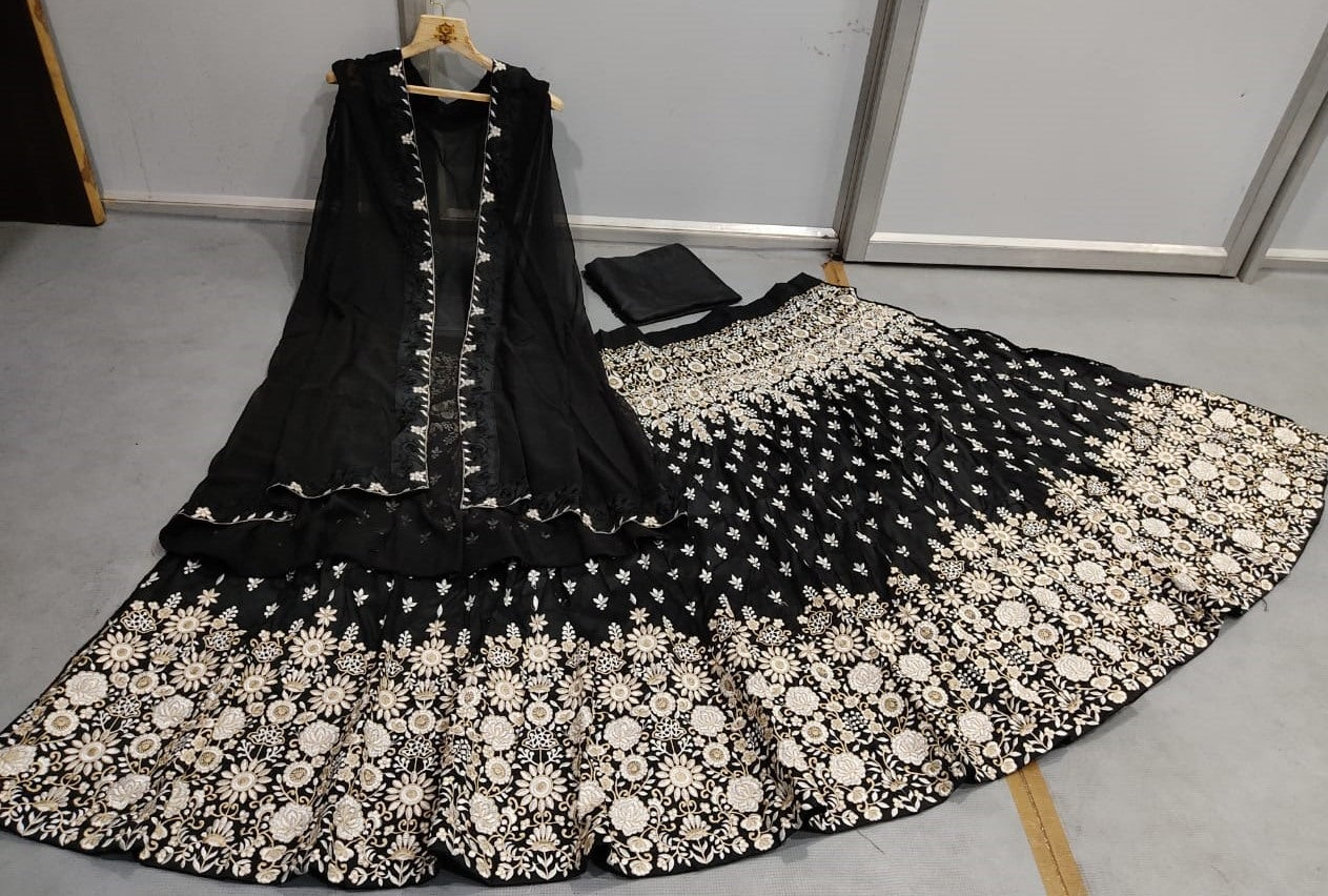 Black taffeta silk heavy embroidered lehenga choli