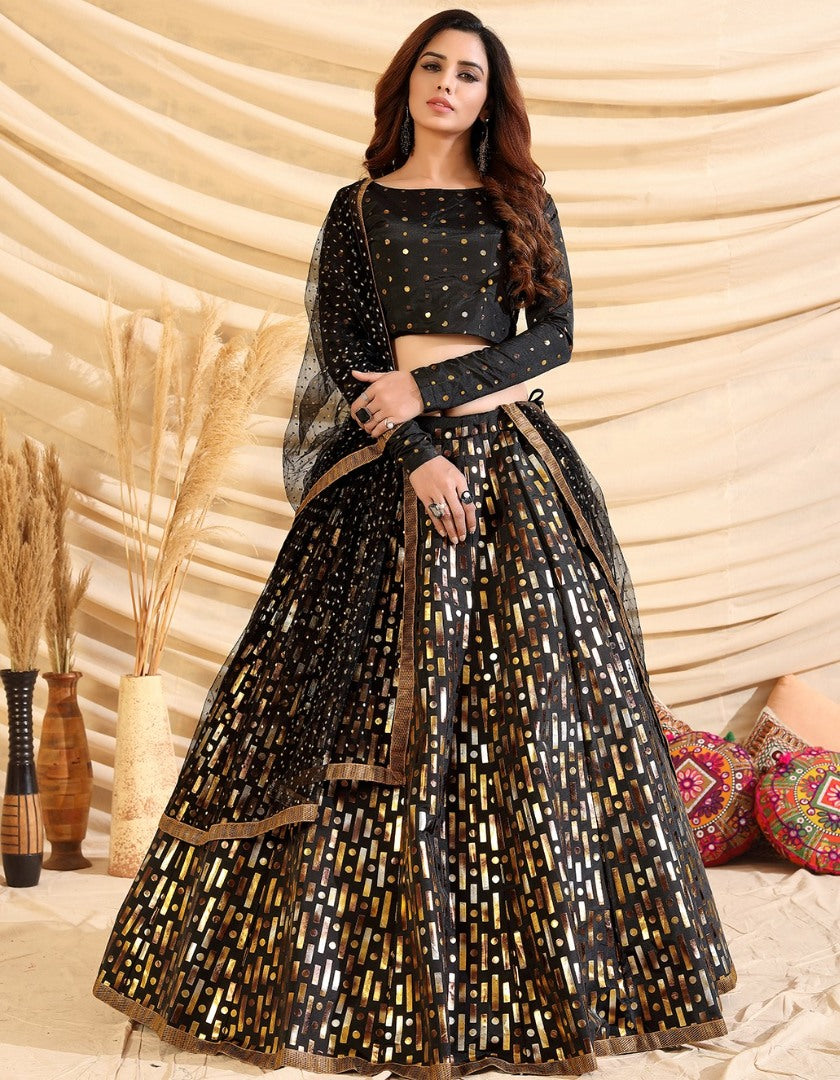 Black taffeta silk pigment foil printed work wedding lehenga choli