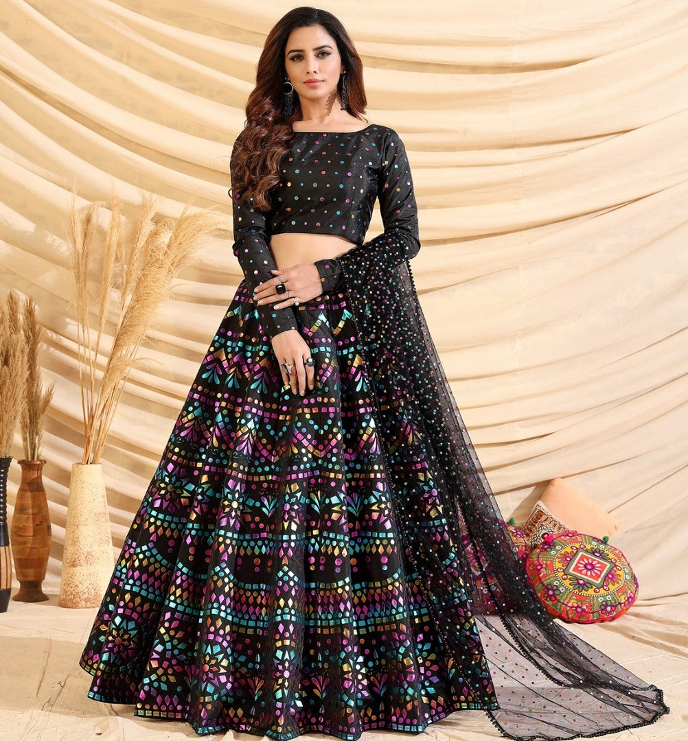 Black taffeta silk pigment foil printed work wedding lehenga choli