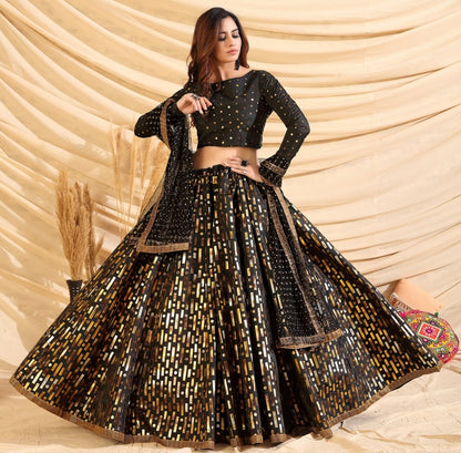 Black taffeta silk pigment foil printed work wedding lehenga choli