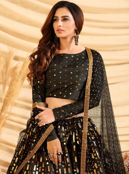 Black taffeta silk pigment foil printed work wedding lehenga choli