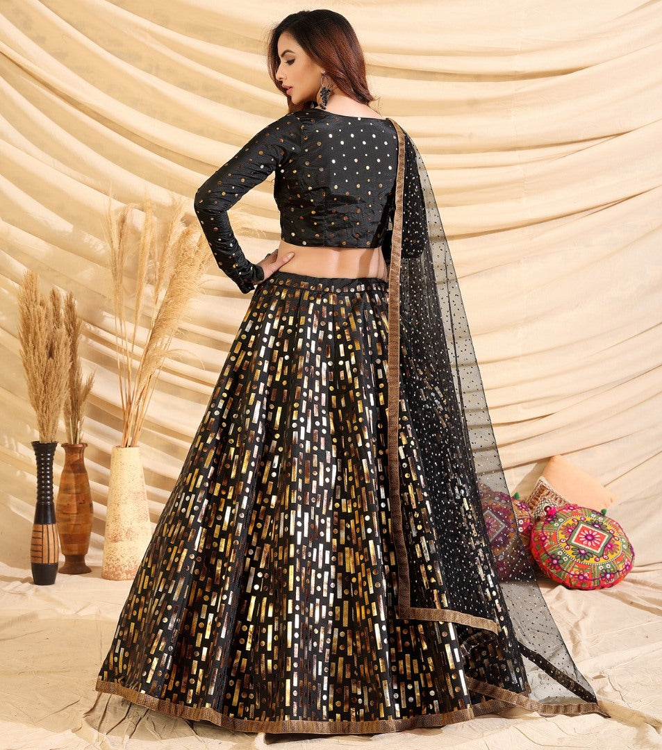 Black taffeta silk pigment foil printed work wedding lehenga choli