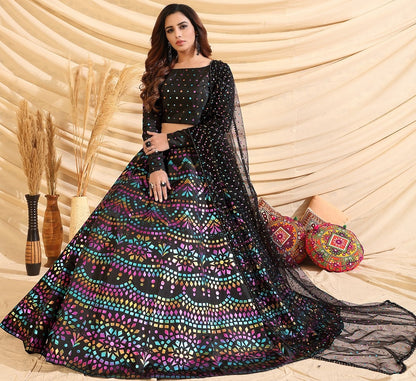 Black taffeta silk pigment foil printed work wedding lehenga choli