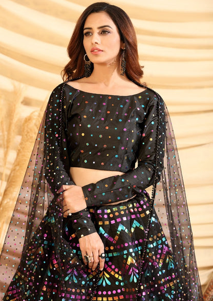 Black taffeta silk pigment foil printed work wedding lehenga choli