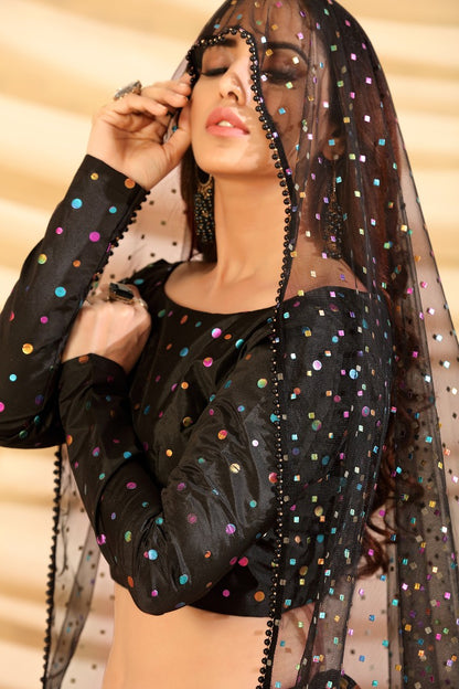 Black taffeta silk pigment foil printed work wedding lehenga choli