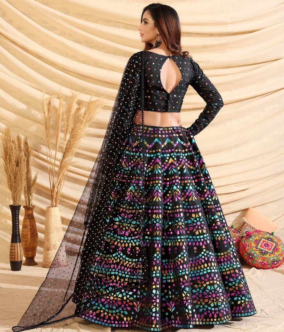 Black taffeta silk pigment foil printed work wedding lehenga choli