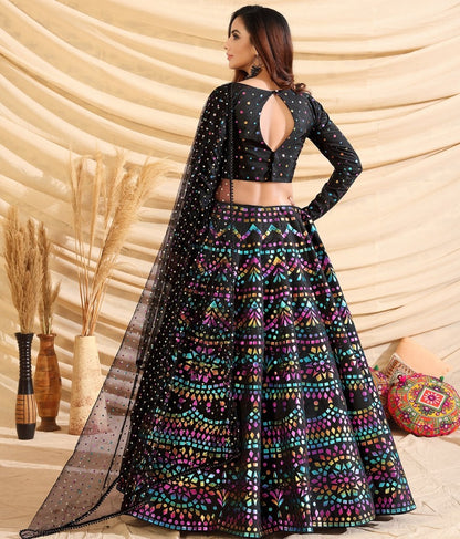 Black taffeta silk pigment foil printed work wedding lehenga choli